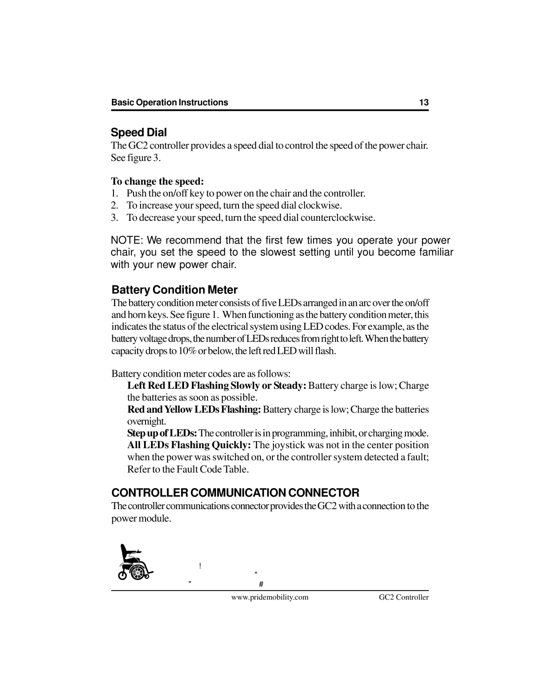 Pride Mobility GC2 manual Speed Dial, Controller Communication Connector 