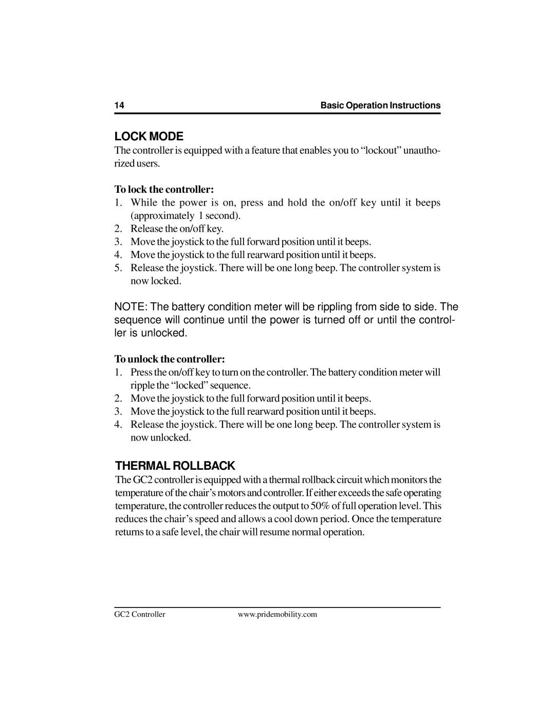 Pride Mobility GC2 manual Lock Mode, Thermal Rollback 