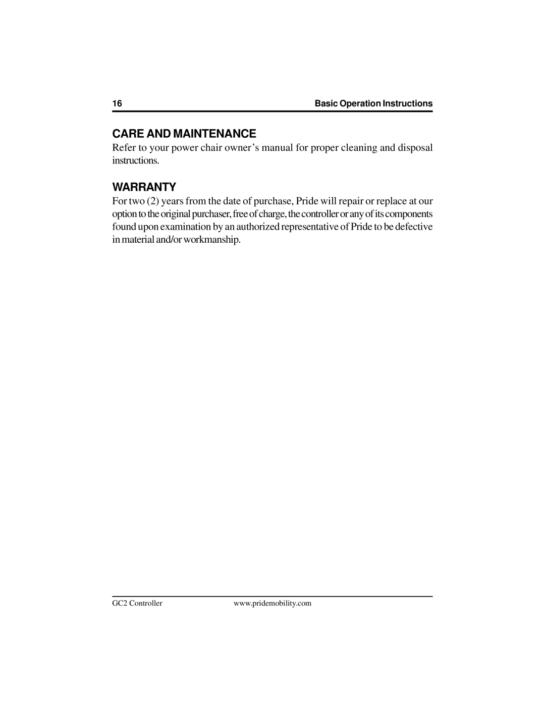 Pride Mobility GC2 manual Care and Maintenance Warranty 