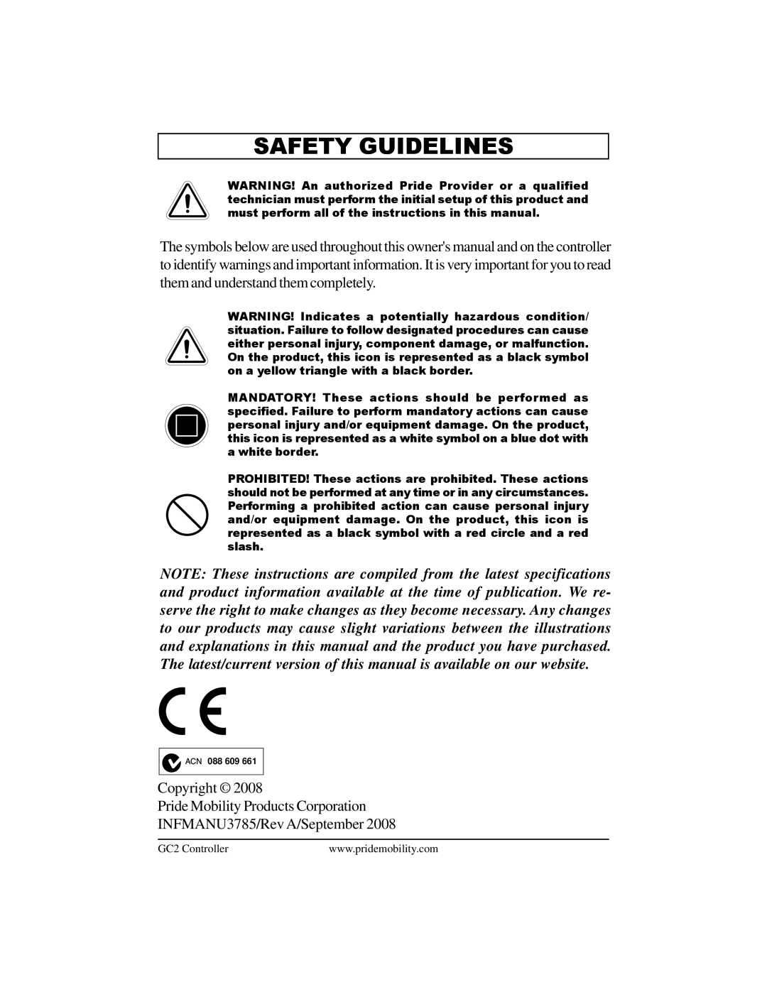 Pride Mobility GC2 manual Safety Guidelines 