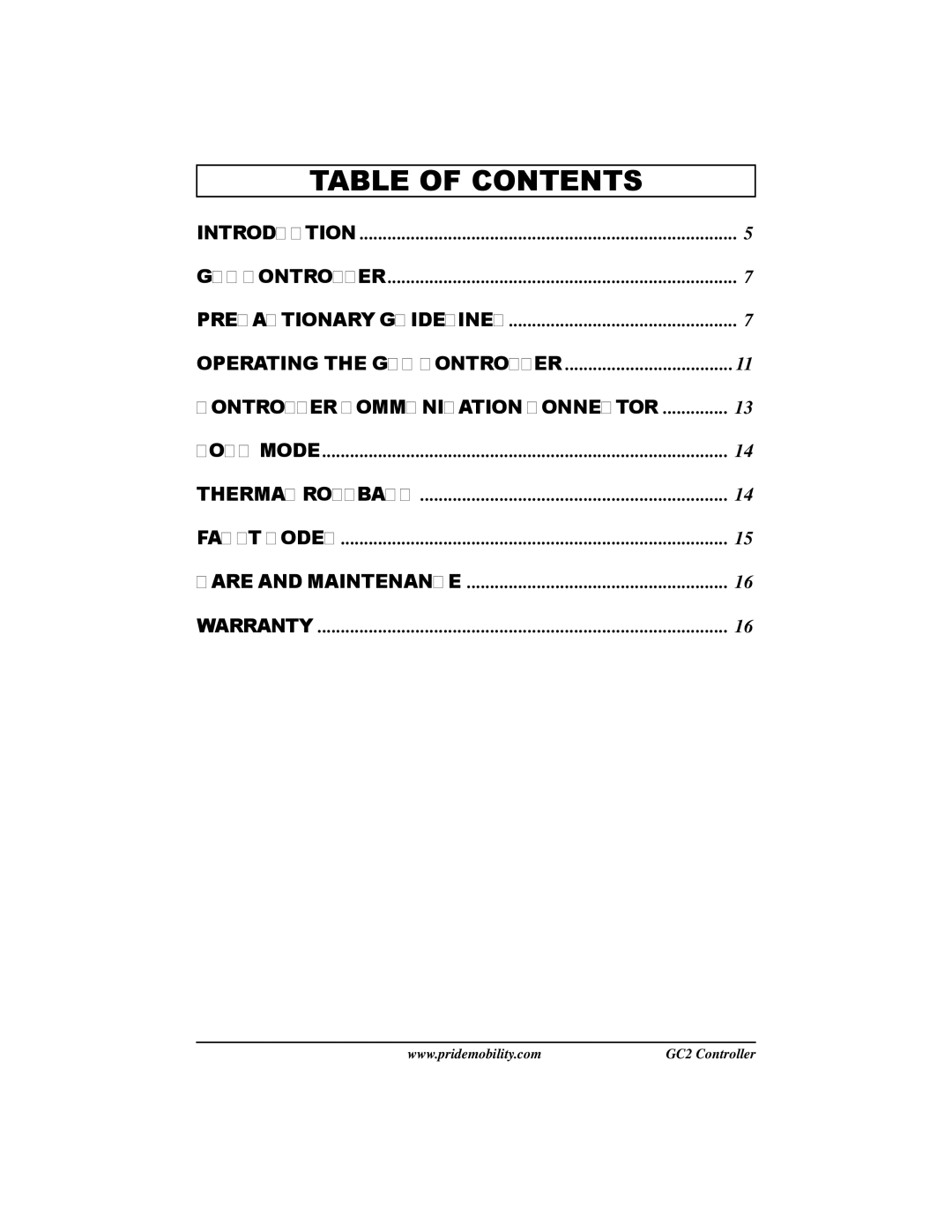 Pride Mobility GC2 manual Table of Contents 