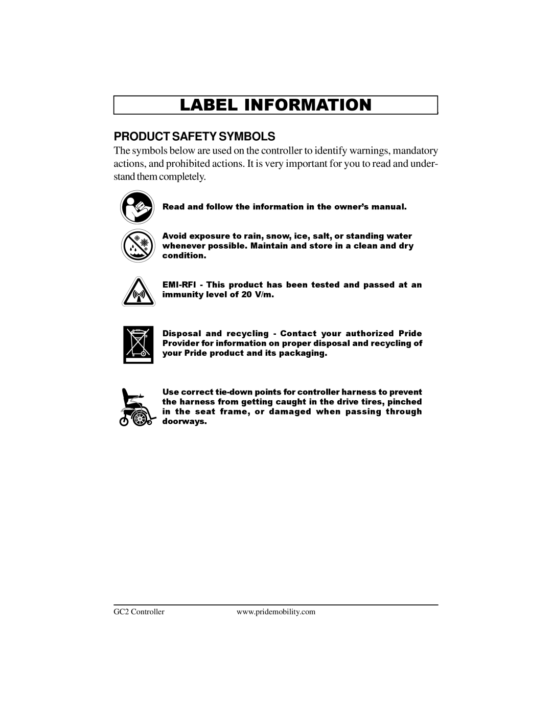 Pride Mobility GC2 manual Label Information, Product Safety Symbols 