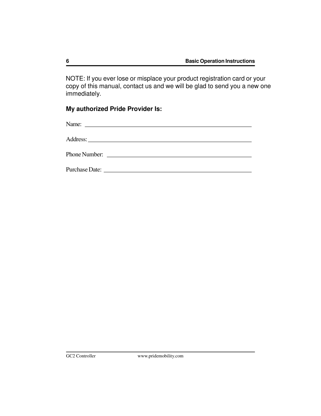 Pride Mobility GC2 manual My authorized Pride Provider Is 