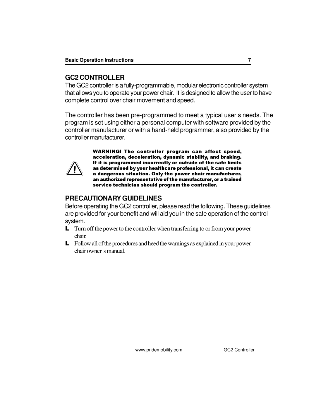 Pride Mobility manual GC2 Controller, Precautionary Guidelines 