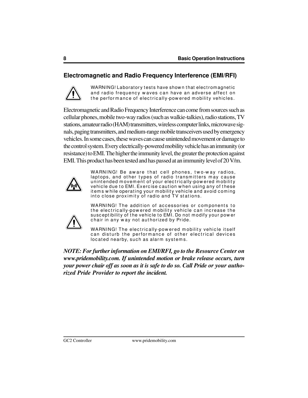 Pride Mobility GC2 manual Electromagnetic and Radio Frequency Interference EMI/RFI 