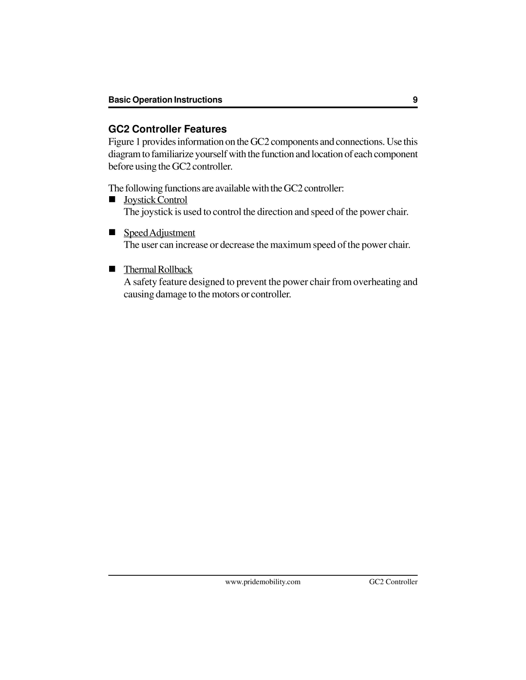 Pride Mobility manual GC2 Controller Features 