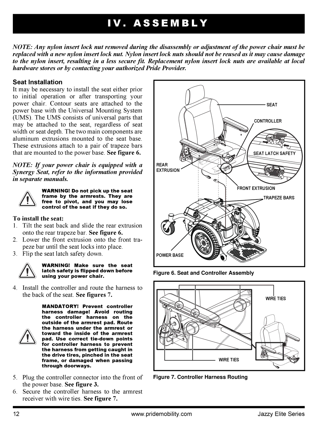 Pride Mobility HD, 14 manual A S S E M B L Y, Seat Installation, To install the seat 