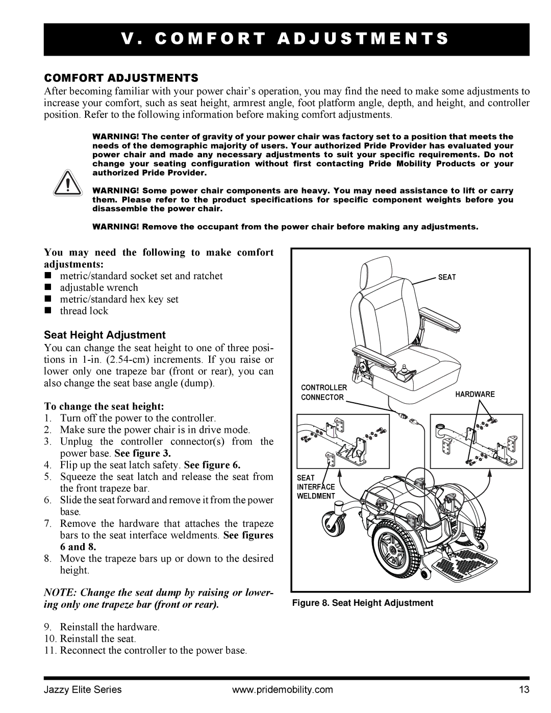 Pride Mobility 14, HD manual O M F O R T a D J U S T M E N T S, Comfort Adjustments, Seat Height Adjustment 