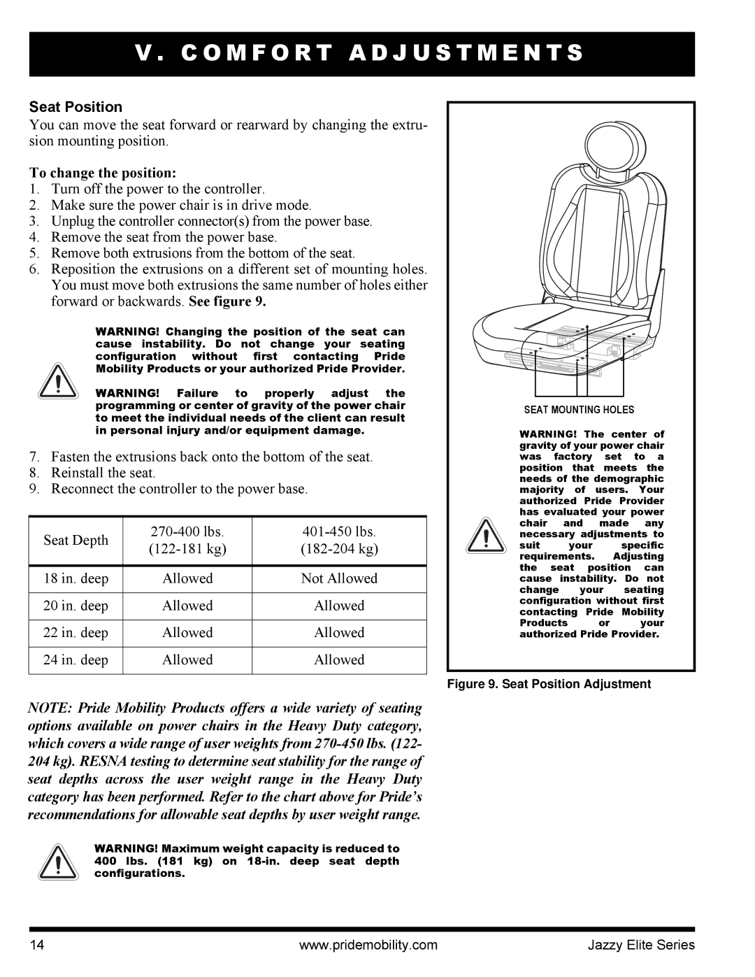 Pride Mobility HD, 14 manual Seat Position, To change the position 