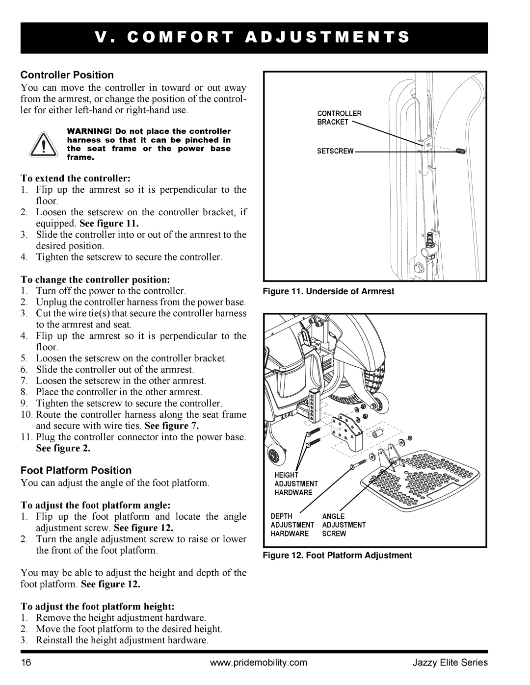 Pride Mobility HD, 14 manual Controller Position, Foot Platform Position 