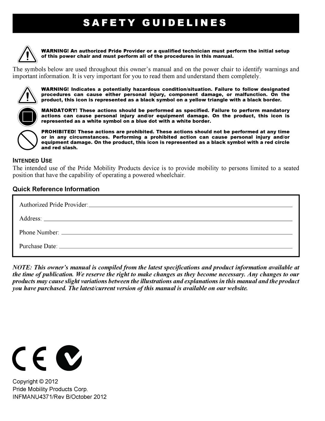 Pride Mobility HD, 14 manual F E T Y G U I D E L I N E S, Quick Reference Information 