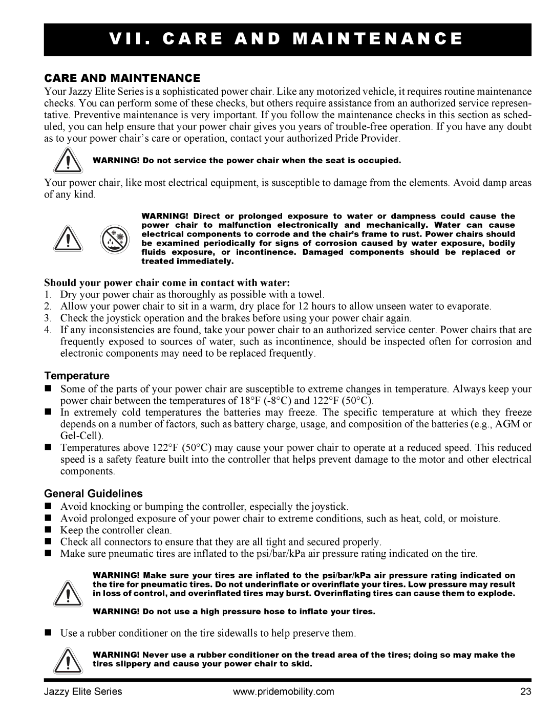 Pride Mobility 14, HD manual I . C a R E a N D M a I N T E N a N C E, Care and Maintenance, Temperature, General Guidelines 