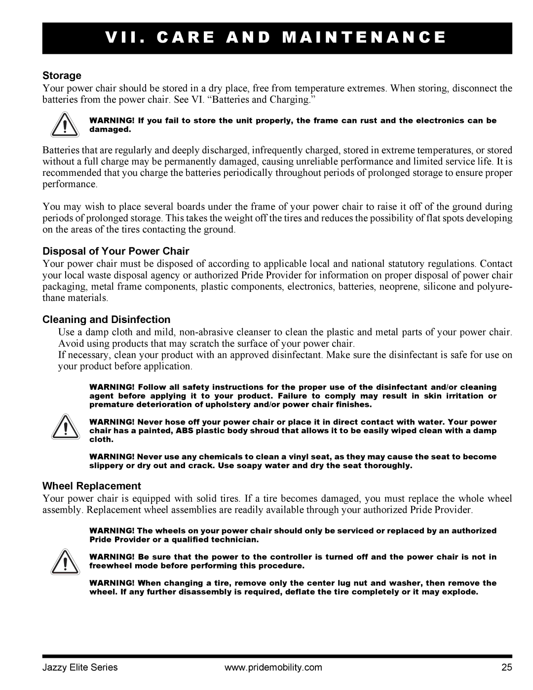 Pride Mobility 14, HD manual Storage, Disposal of Your Power Chair, Cleaning and Disinfection, Wheel Replacement 