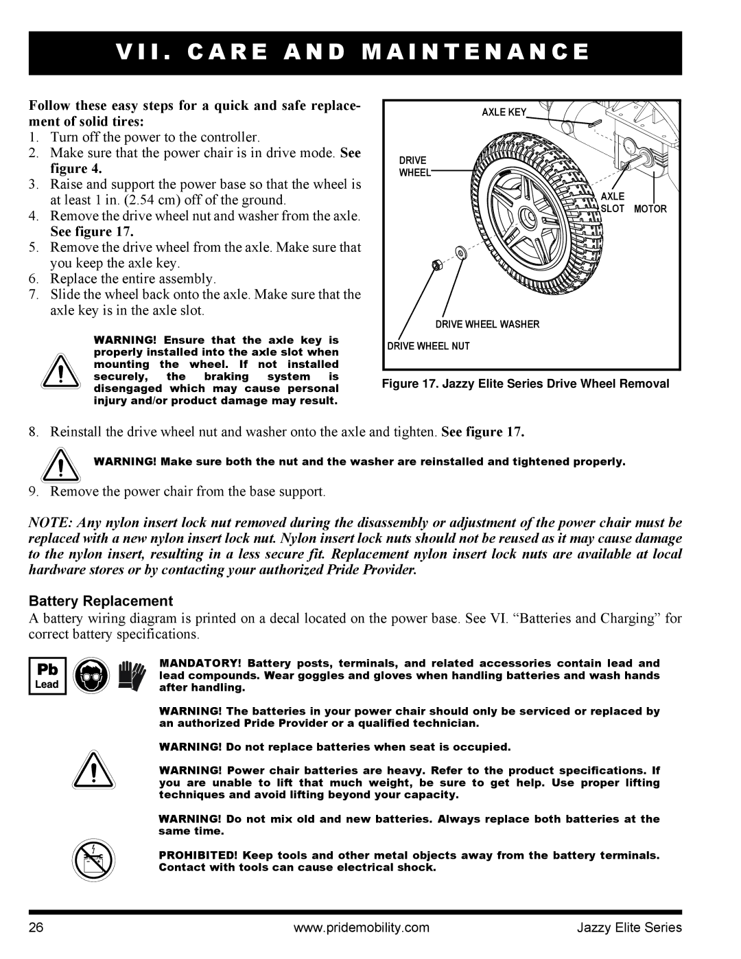 Pride Mobility HD, 14 manual Follow these easy steps for a quick and safe replace, Ment of solid tires, Battery Replacement 