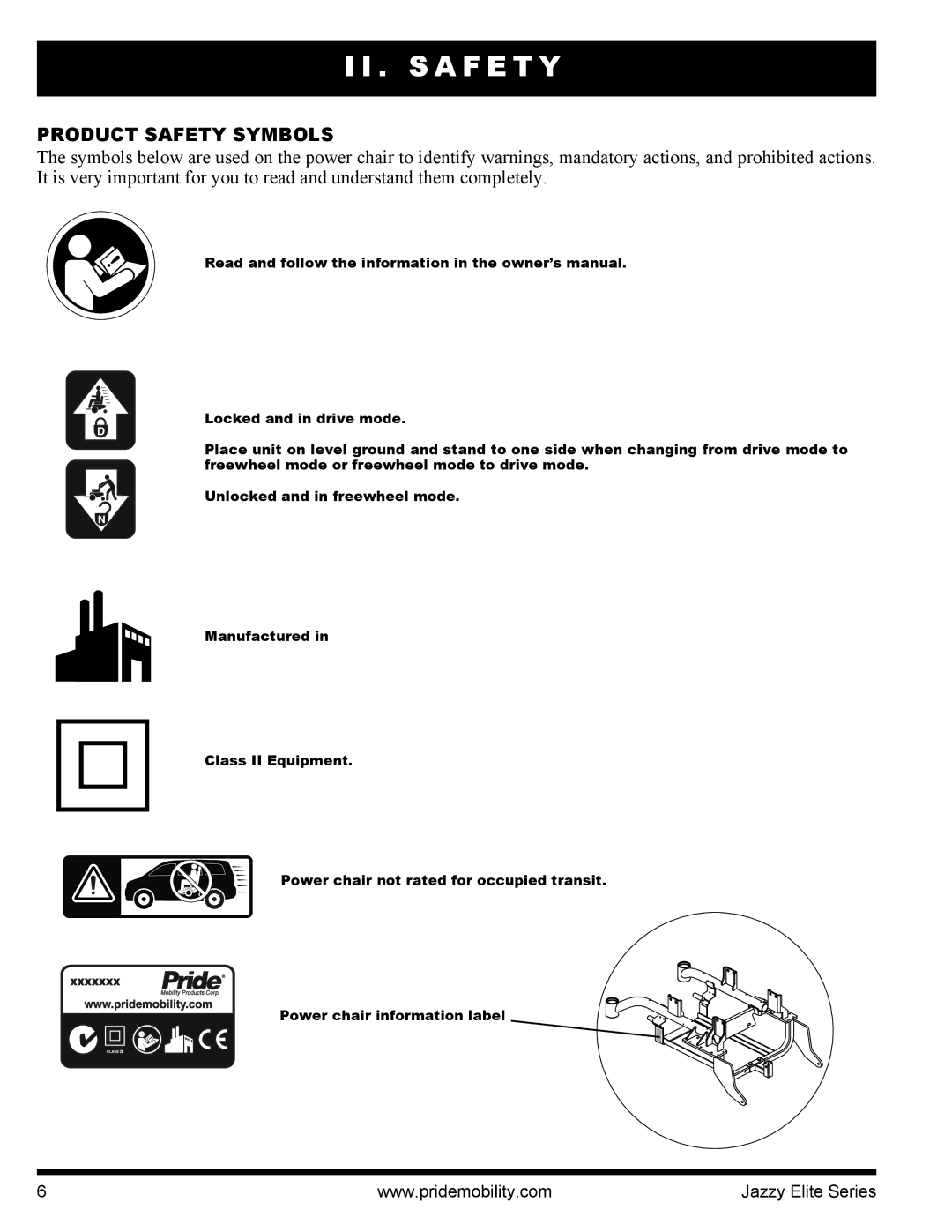 Pride Mobility HD, 14 manual S a F E T Y, Product Safety Symbols 