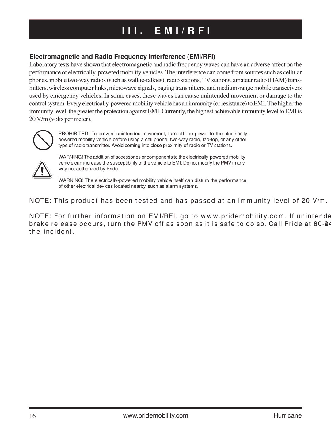 Pride Mobility Hurricane PMV owner manual I . E M I / R F, Electromagnetic and Radio Frequency Interference EMI/RFI 