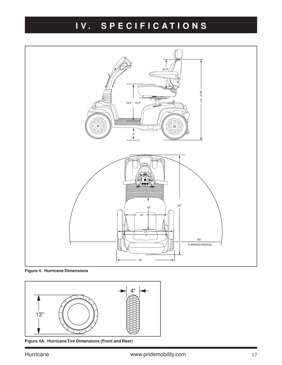 Pride Mobility Hurricane PMV owner manual Specification S, Hurricane Dimensions 