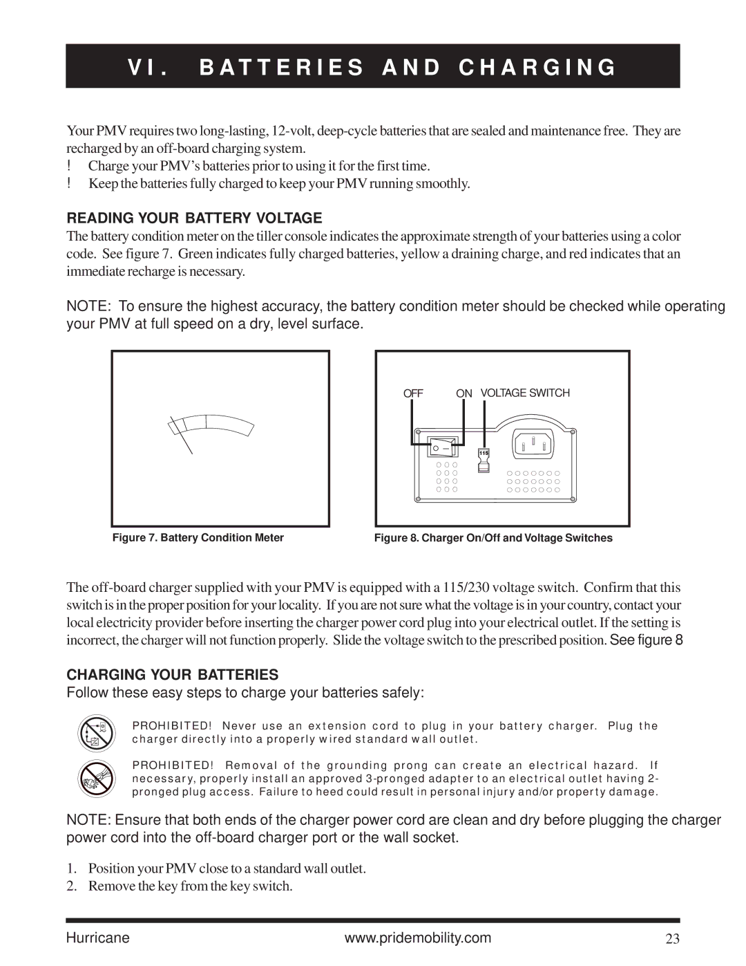 Pride Mobility Hurricane PMV owner manual B a T T E R I E S a N D C H a R G I N G, Reading Your Battery Voltage 