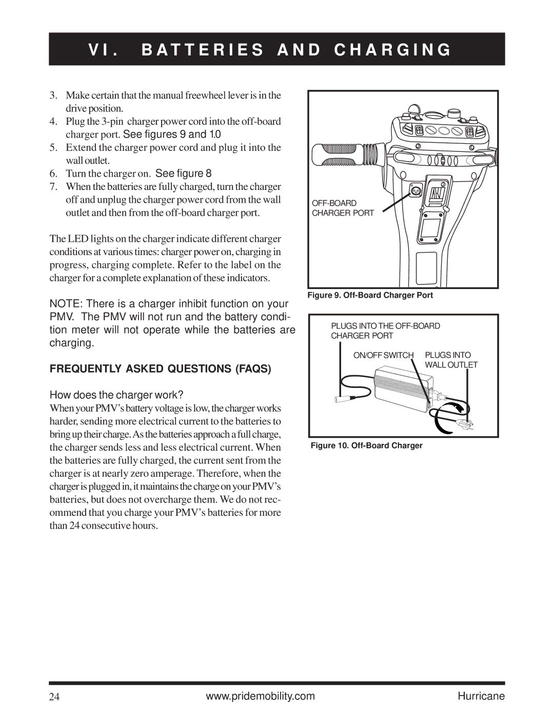 Pride Mobility Hurricane PMV Charger port. See figures 9, Frequently Asked Questions Faqs, How does the charger work? 