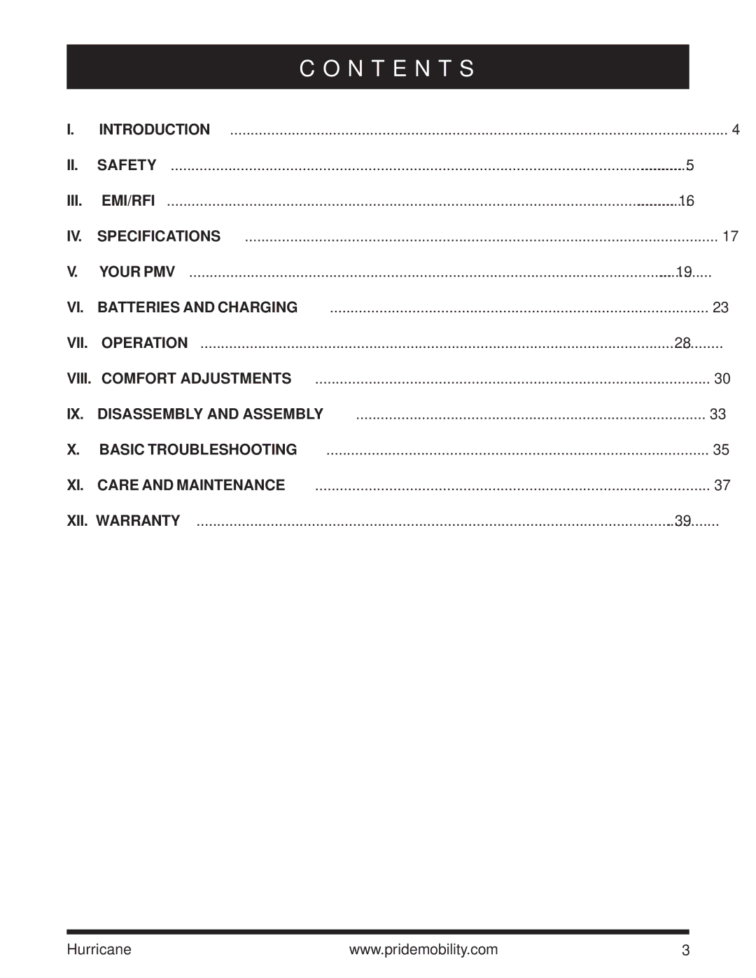 Pride Mobility Hurricane PMV owner manual N T E N T S 