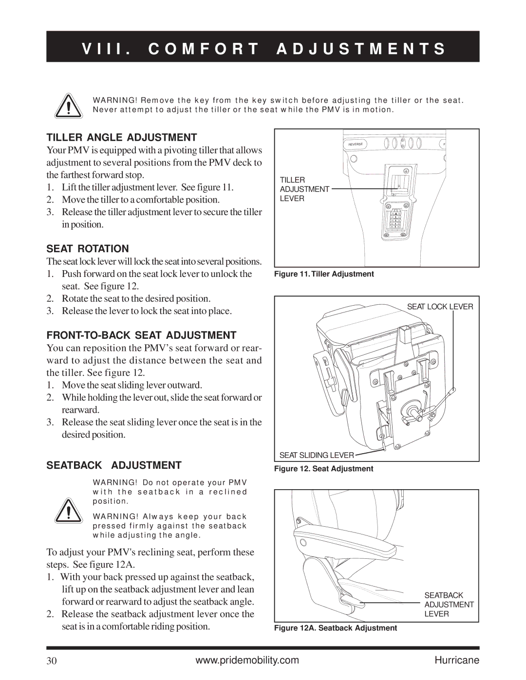 Pride Mobility Hurricane PMV owner manual I I . C O M F O R T a D J U S T M E N T S, Tiller Angle Adjustment, Seat Rotation 