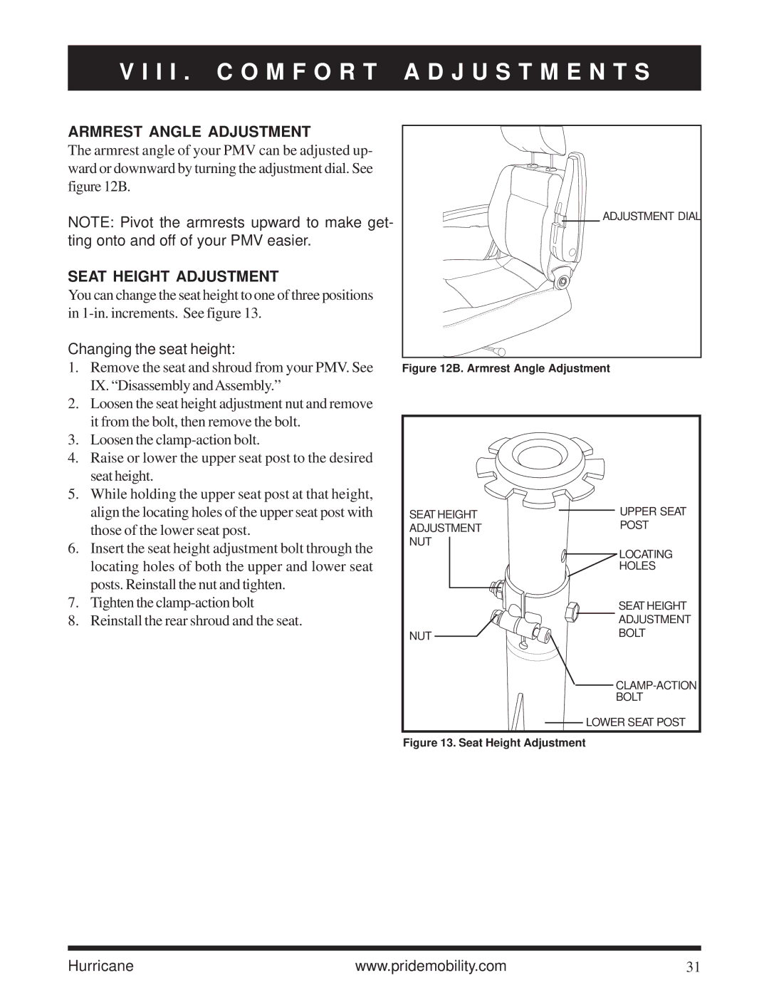 Pride Mobility Hurricane PMV owner manual Armrest Angle Adjustment, Seat Height Adjustment, Changing the seat height 