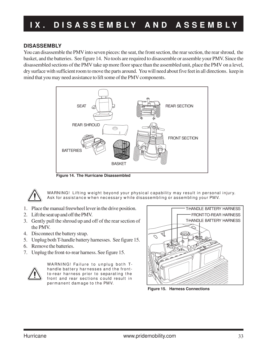 Pride Mobility Hurricane PMV owner manual D I S a S S E M B L Y a N D a S S E M B L Y, Disassembly 