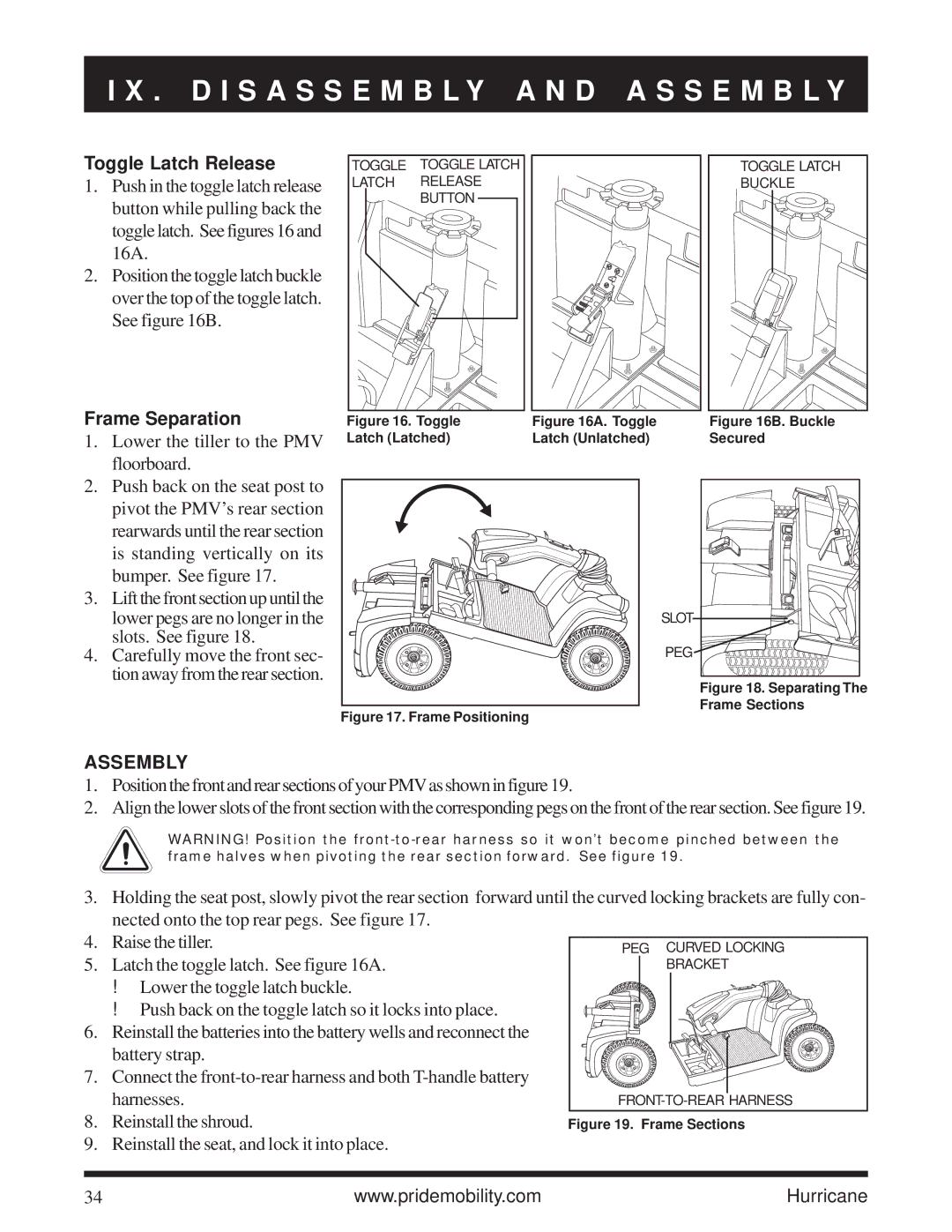 Pride Mobility Hurricane PMV owner manual Toggle Latch Release, Frame Separation, Assembly 