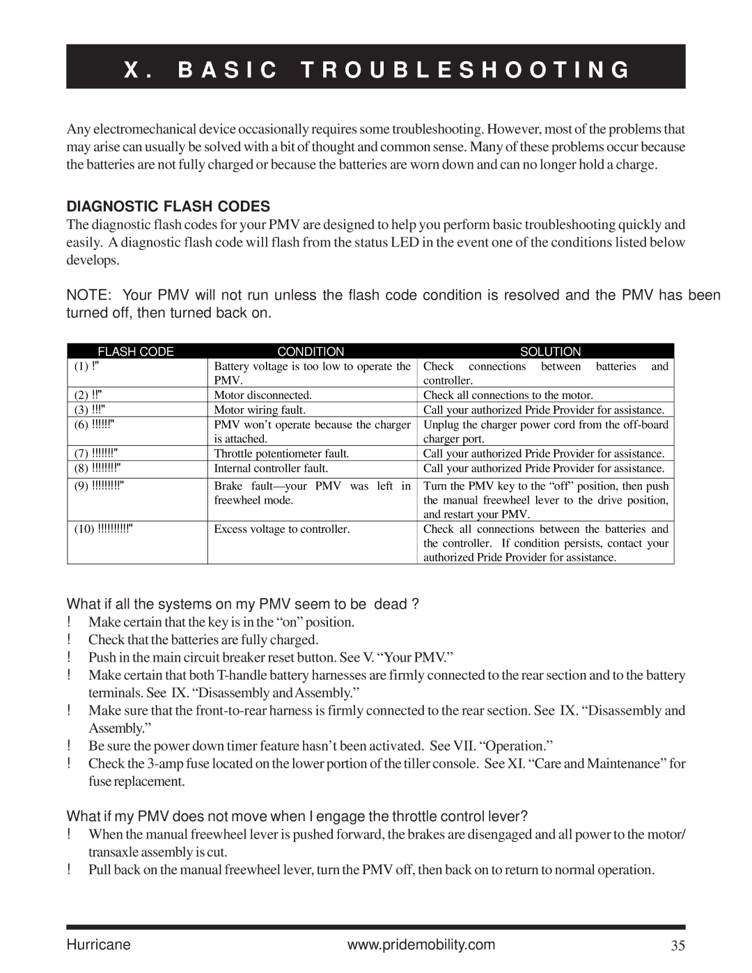 Pride Mobility Hurricane PMV owner manual A S I C Troubleshooting, Diagnostic Flash Codes 