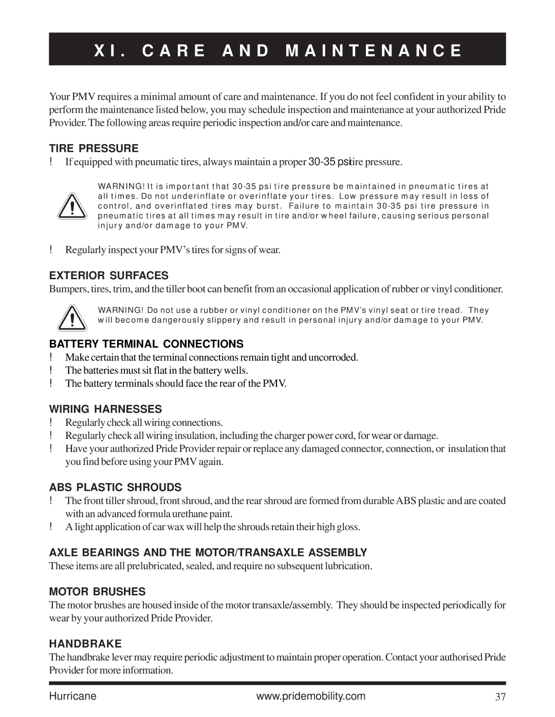 Pride Mobility Hurricane PMV owner manual C a R E a N D M a I N T E N a N C E 