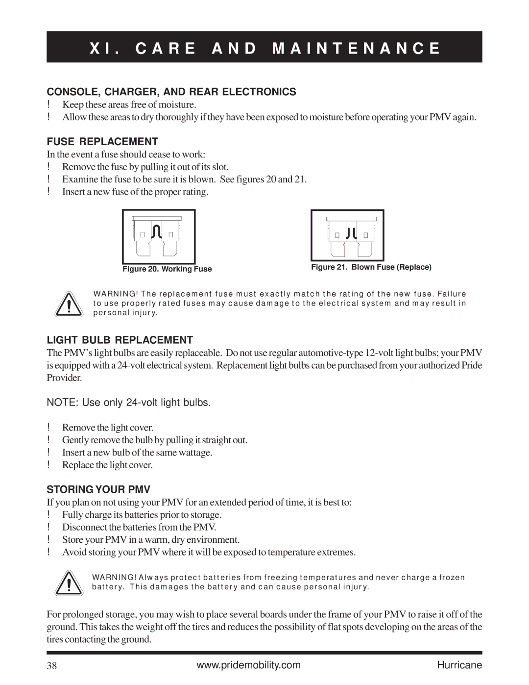 Pride Mobility Hurricane PMV owner manual CONSOLE, CHARGER, and Rear Electronics, Fuse Replacement, Light Bulb Replacement 