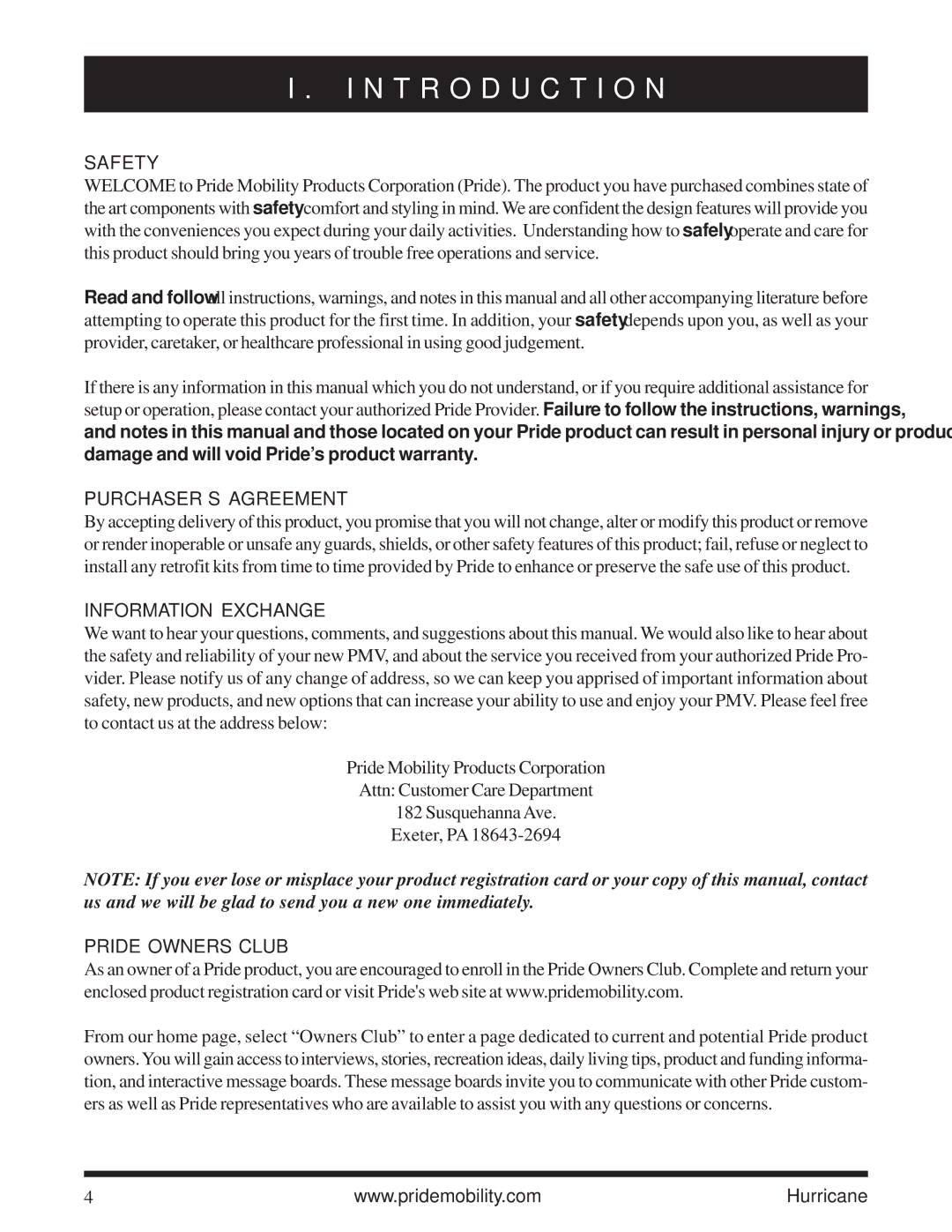 Pride Mobility Hurricane PMV N T R O D U C T I O N, Safety, PURCHASER’S Agreement, Information Exchange, Pride Owners Club 