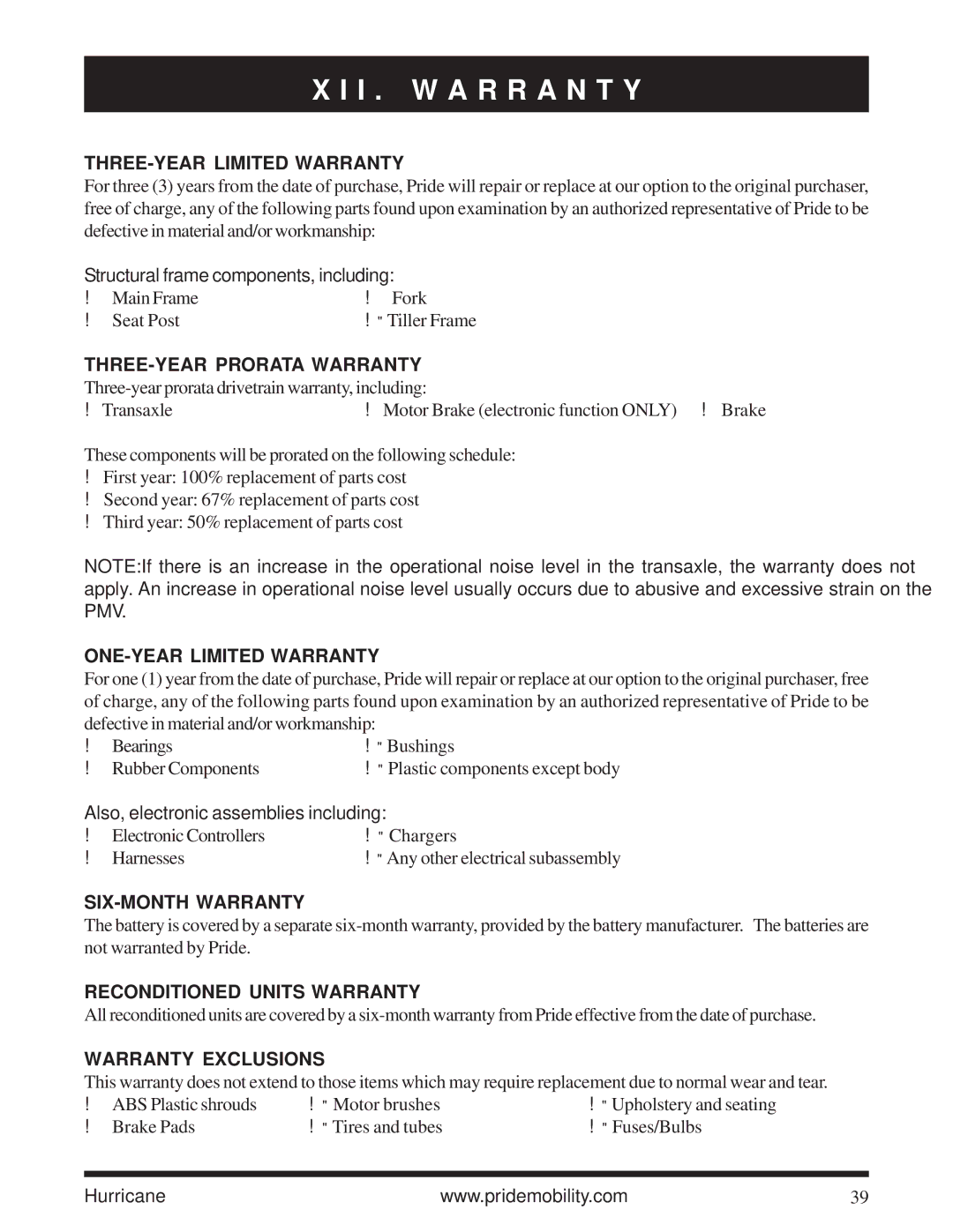 Pride Mobility Hurricane PMV owner manual I . W a R R a N T Y 