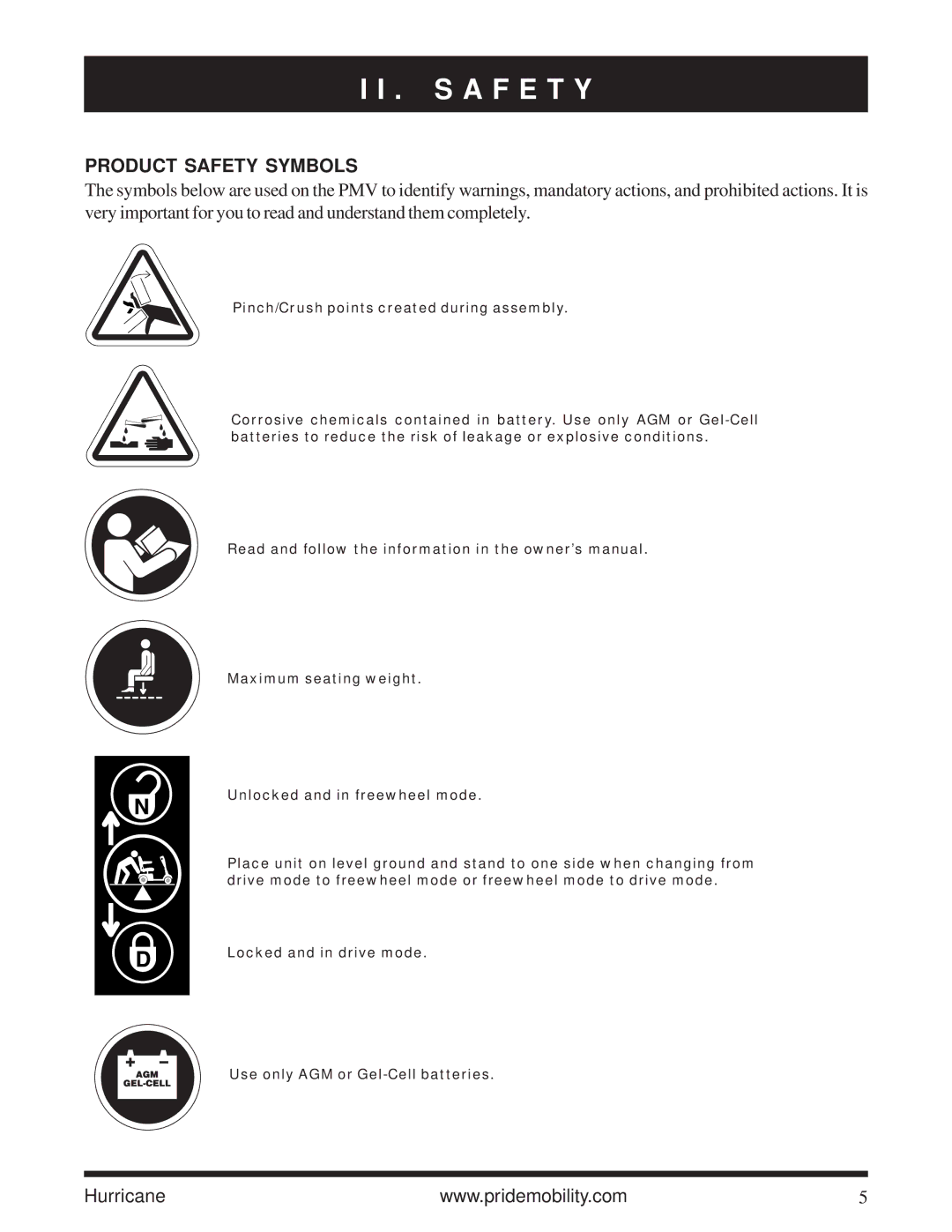 Pride Mobility Hurricane PMV owner manual S a F E T Y, Product Safety Symbols 