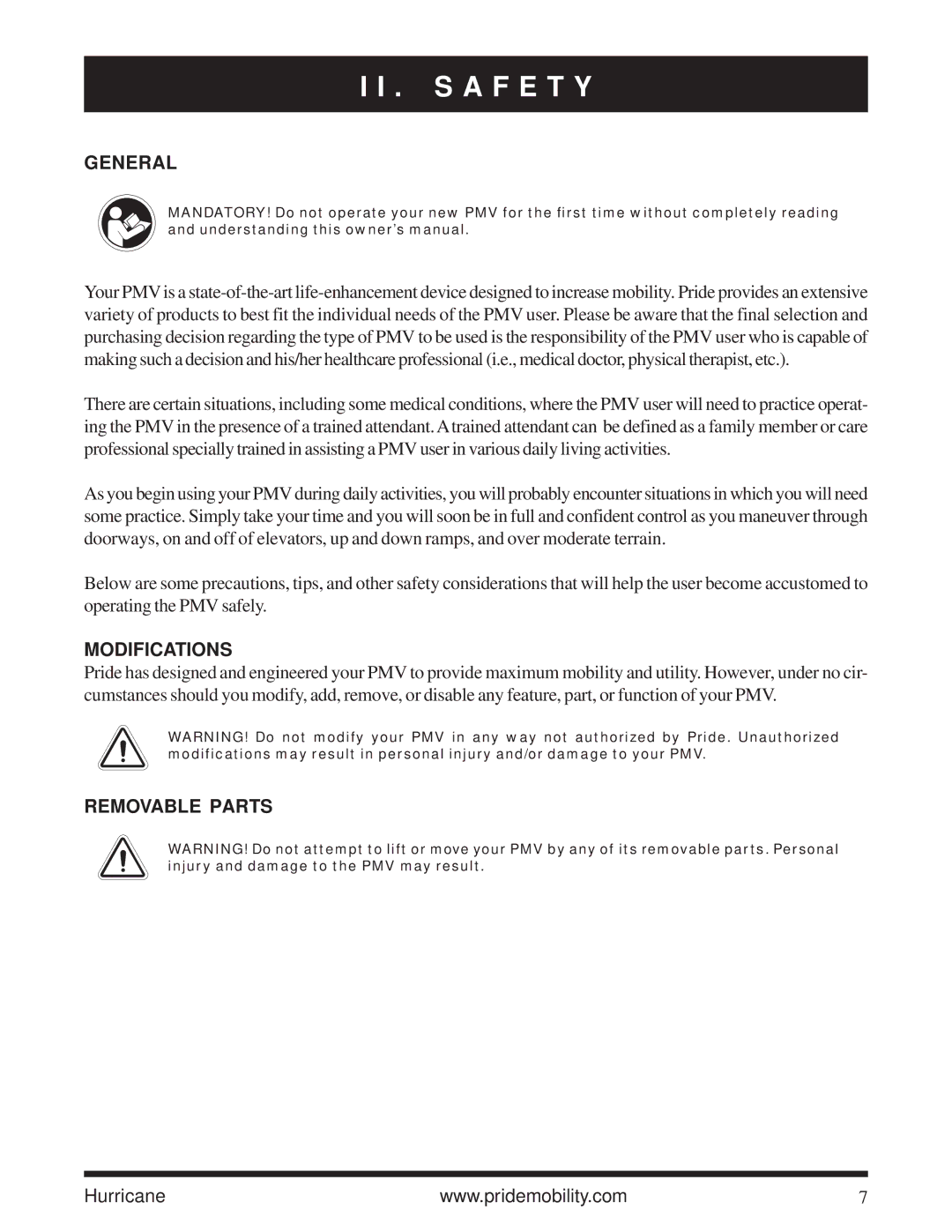 Pride Mobility Hurricane PMV owner manual General, Modifications, Removable Parts 