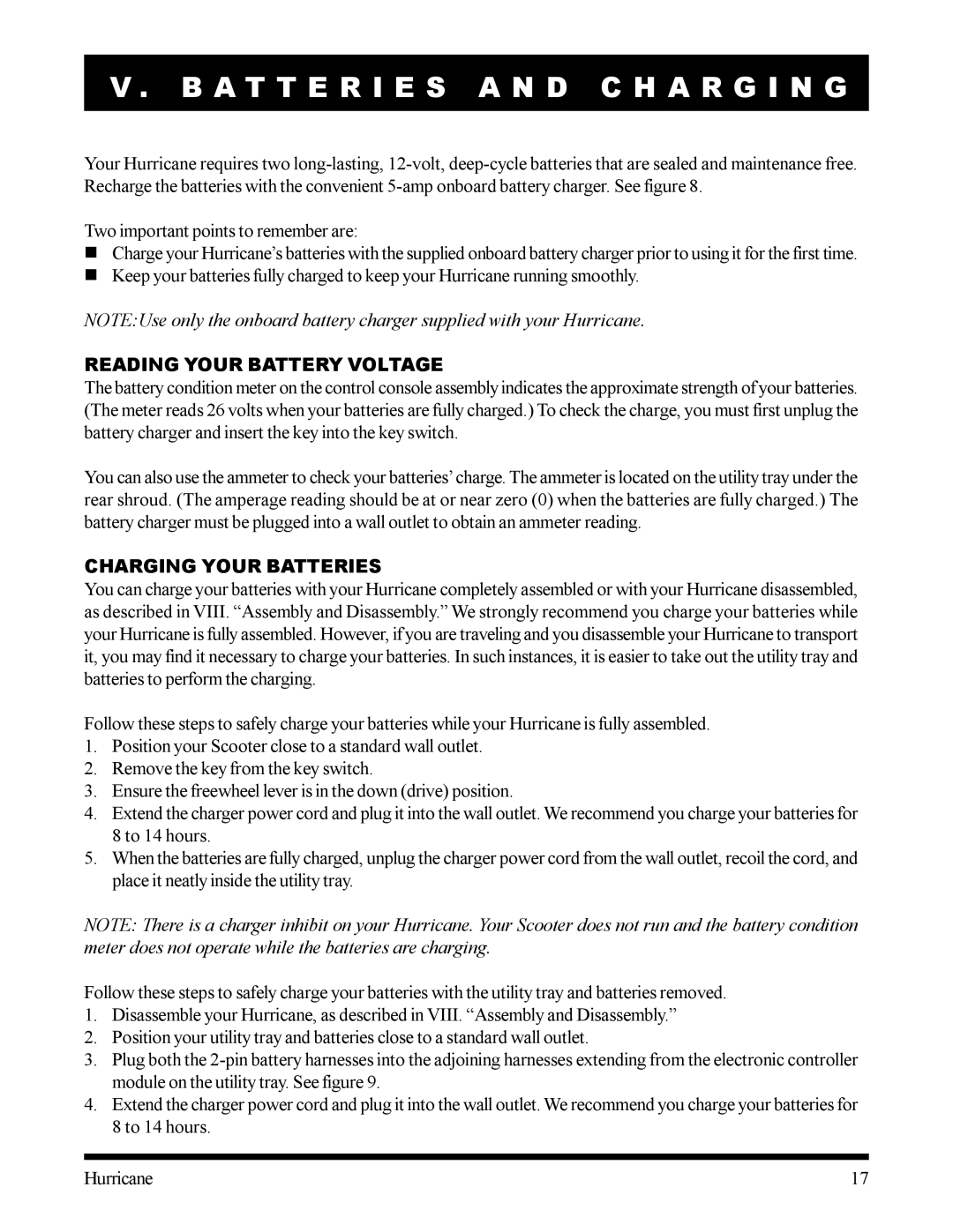 Pride Mobility Hurricane A T T E R I E S a N D C H a R G I N G, Reading Your Battery Voltage, Charging Your Batteries 
