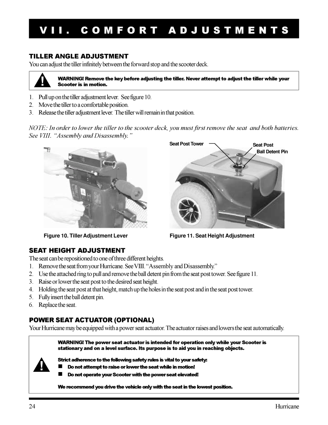 Pride Mobility Hurricane I . C O M F O R T a D J U S T M E N T S, Tiller Angle Adjustment, Seat Height Adjustment 