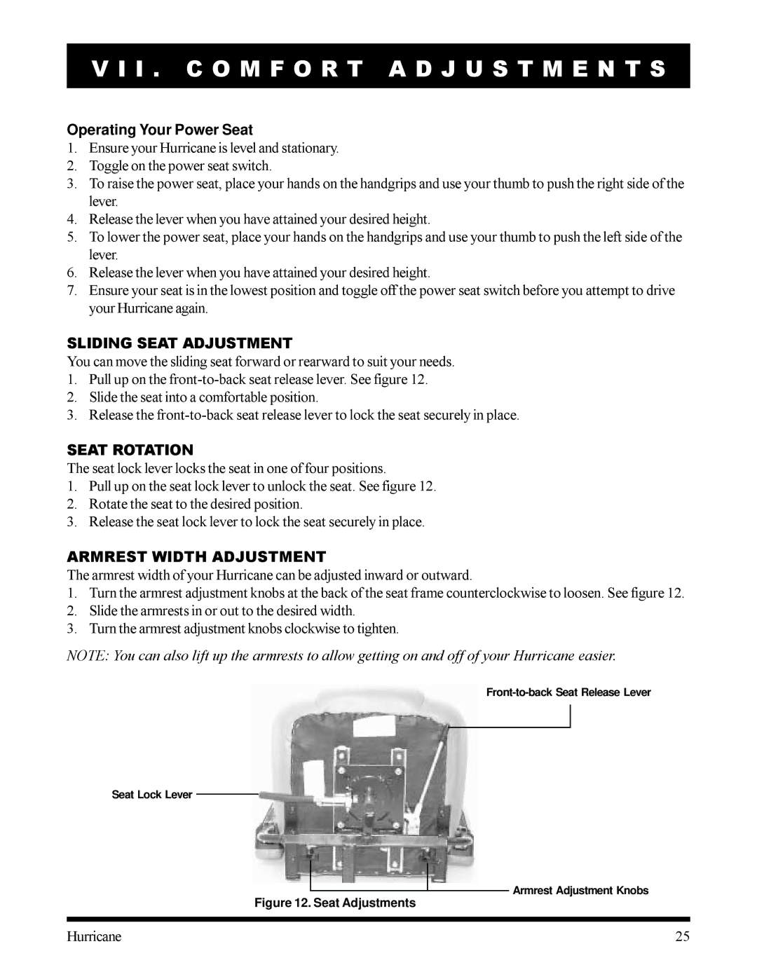 Pride Mobility Hurricane Operating Your Power Seat, Sliding Seat Adjustment, Seat Rotation, Armrest Width Adjustment 