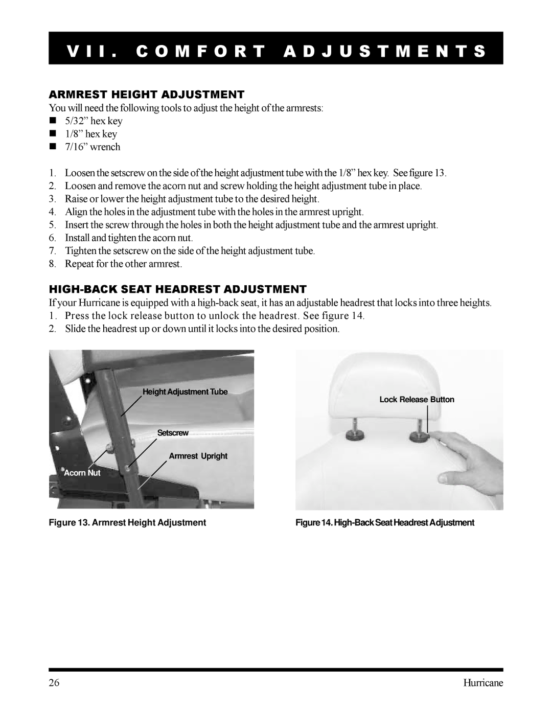 Pride Mobility Hurricane owner manual Armrest Height Adjustment, HIGH-BACK Seat Headrest Adjustment 