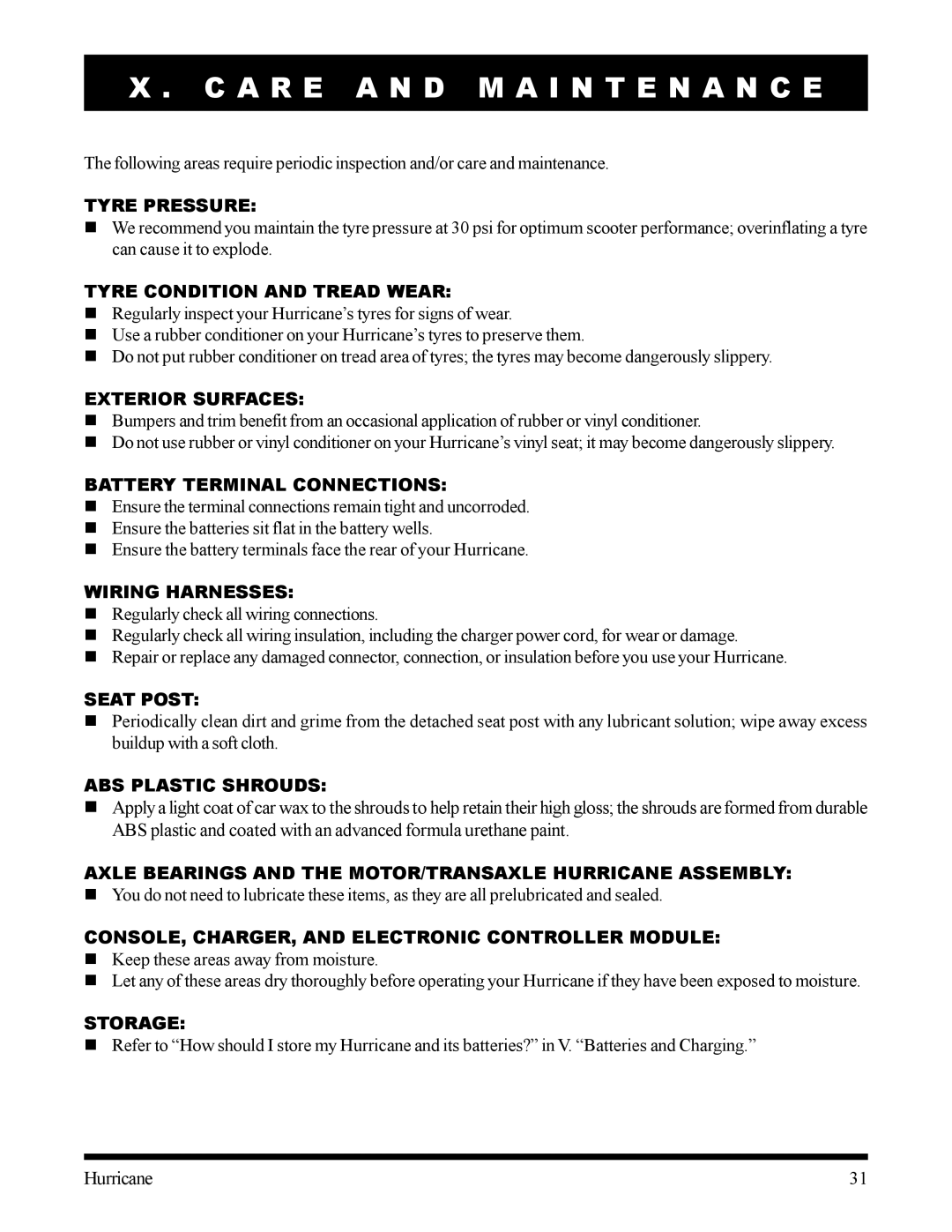 Pride Mobility Hurricane owner manual A R E a N D M a I N T E N a N C E, Tyre Pressure 