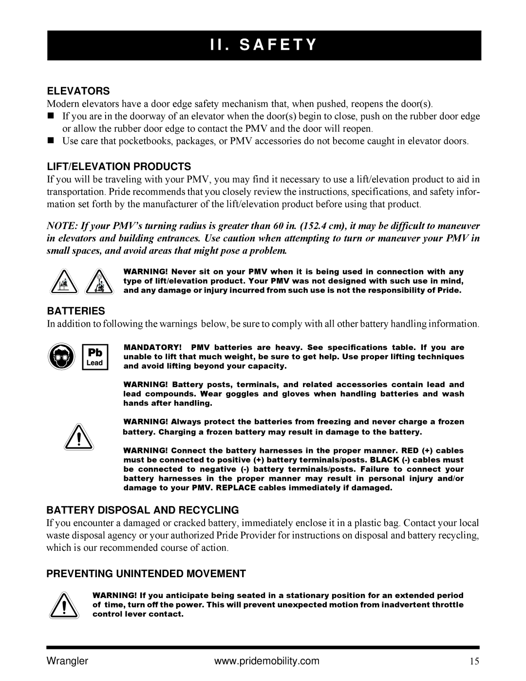 Pride Mobility I NFMANU1138 manual Elevators, LIFT/ELEVATION Products, Batteries, Battery Disposal and Recycling 