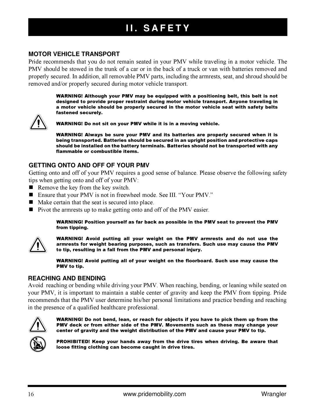 Pride Mobility I NFMANU1138 manual Motor Vehicle Transport, Getting Onto and OFF of Your PMV, Reaching and Bending 