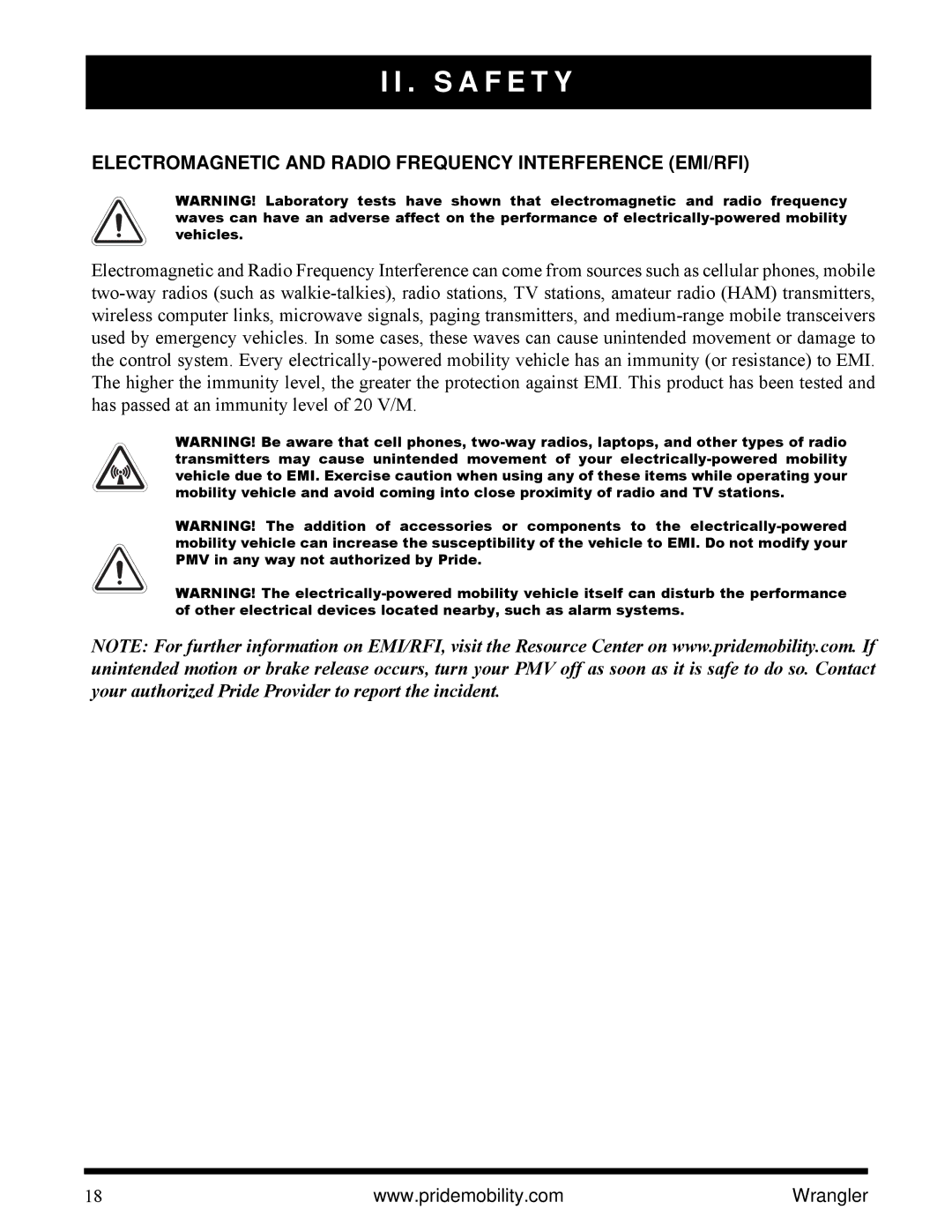 Pride Mobility I NFMANU1138 manual Electromagnetic and Radio Frequency Interference EMI/RFI 