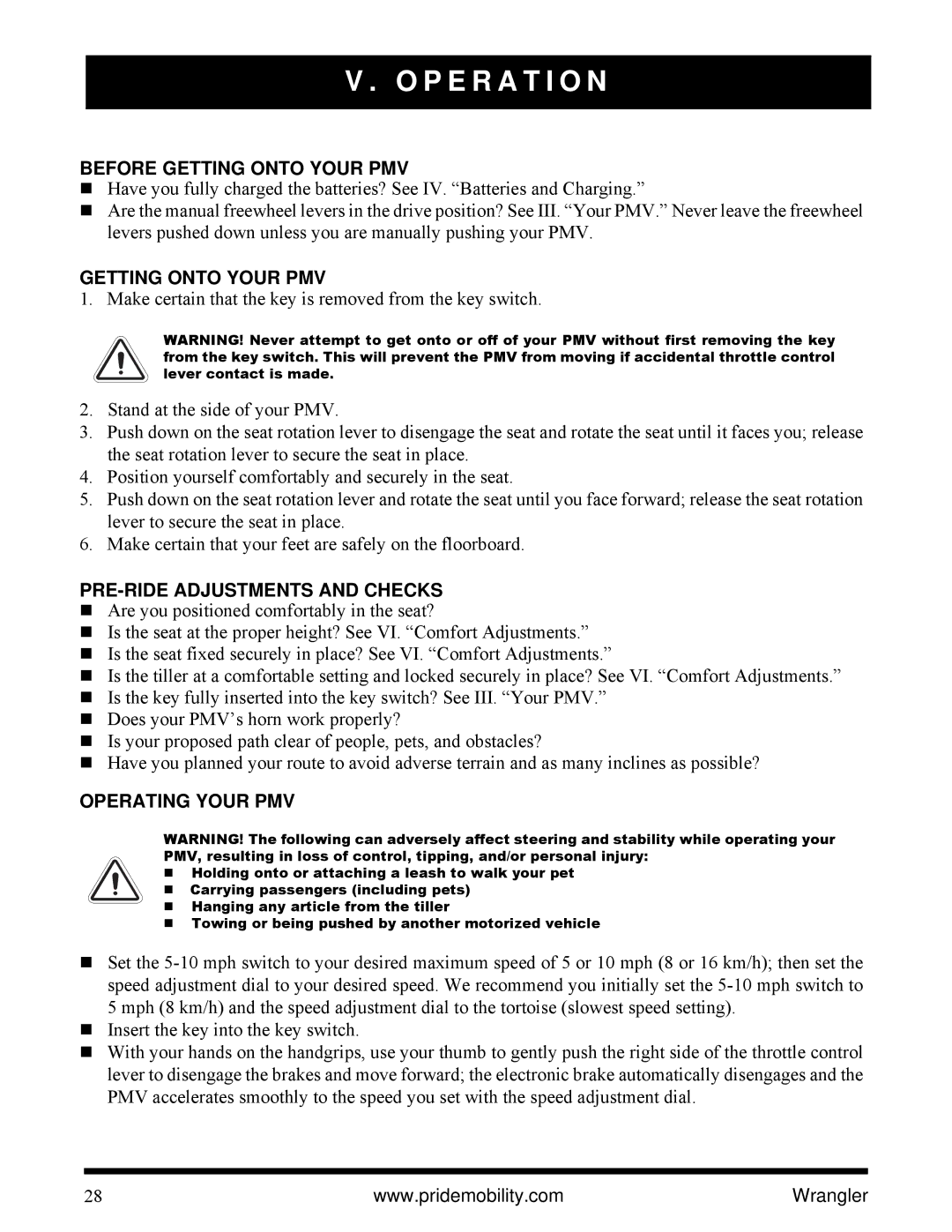 Pride Mobility I NFMANU1138 manual P E R a T I O N, Before Getting Onto Your PMV, Operating Your PMV 
