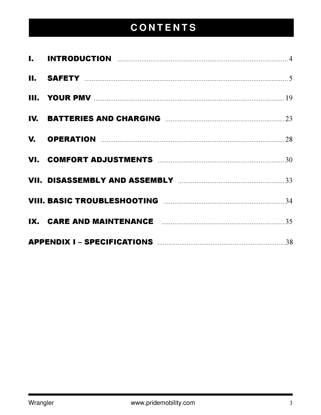 Pride Mobility I NFMANU1138 manual N T E N T S 