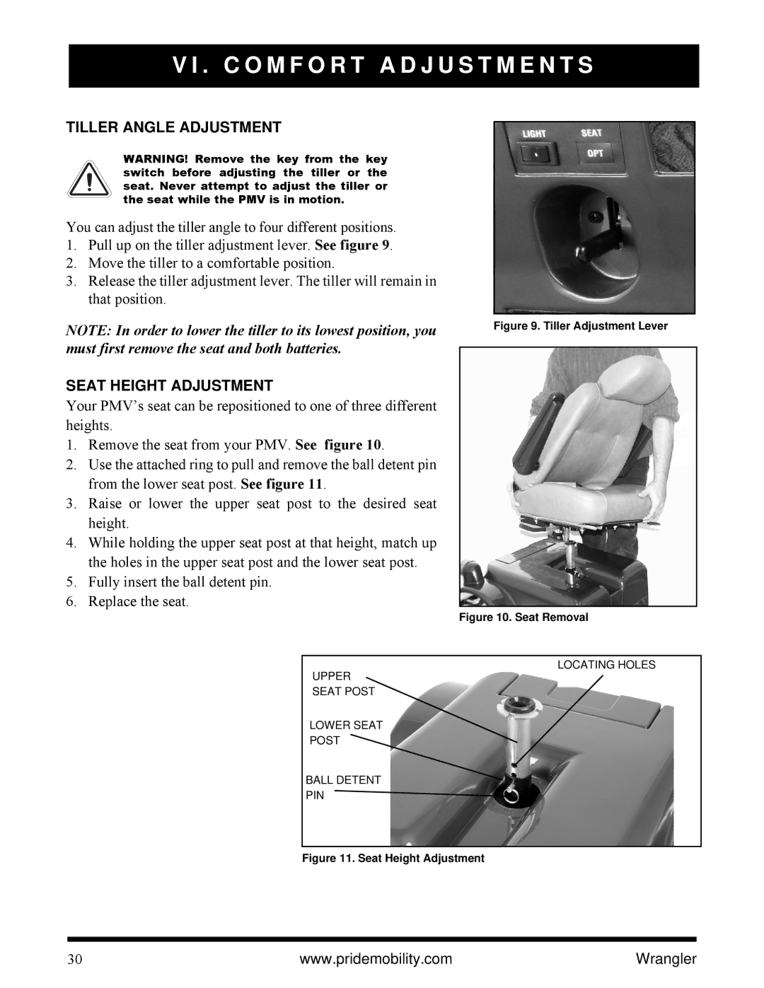 Pride Mobility I NFMANU1138 manual C O M F O R T a D J U S T M E N T S, Tiller Angle Adjustment, Seat Height Adjustment 