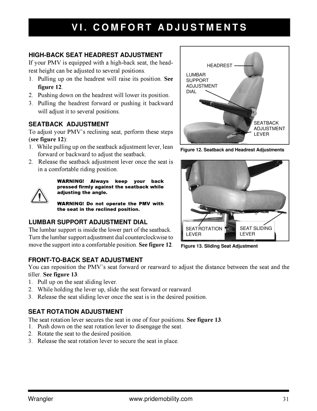 Pride Mobility I NFMANU1138 manual HIGH-BACK Seat Headrest Adjustment, Seatback Adjustment, Lumbar Support Adjustment Dial 