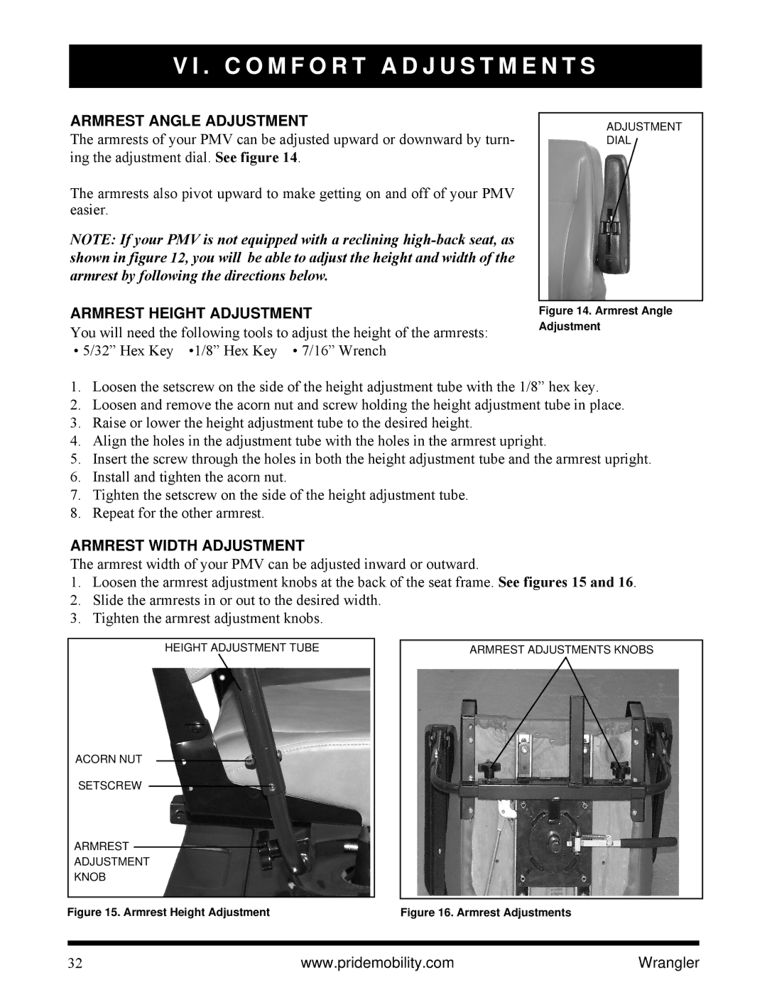 Pride Mobility I NFMANU1138 manual Armrest Angle Adjustment, Armrest Height Adjustment, Armrest Width Adjustment 