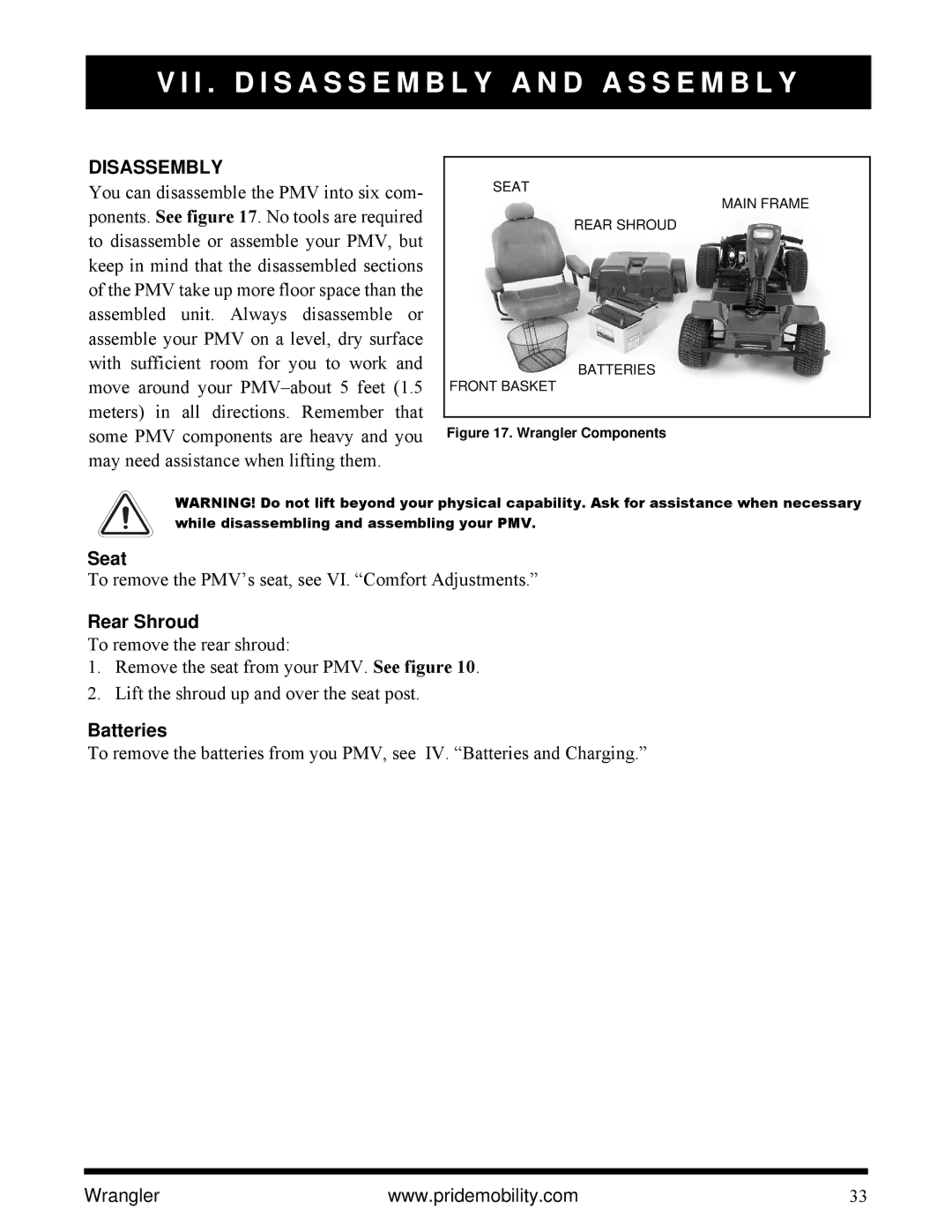 Pride Mobility I NFMANU1138 manual I . D I S a S S E M B L Y a N D a S S E M B L Y, Disassembly, Seat, Rear Shroud 