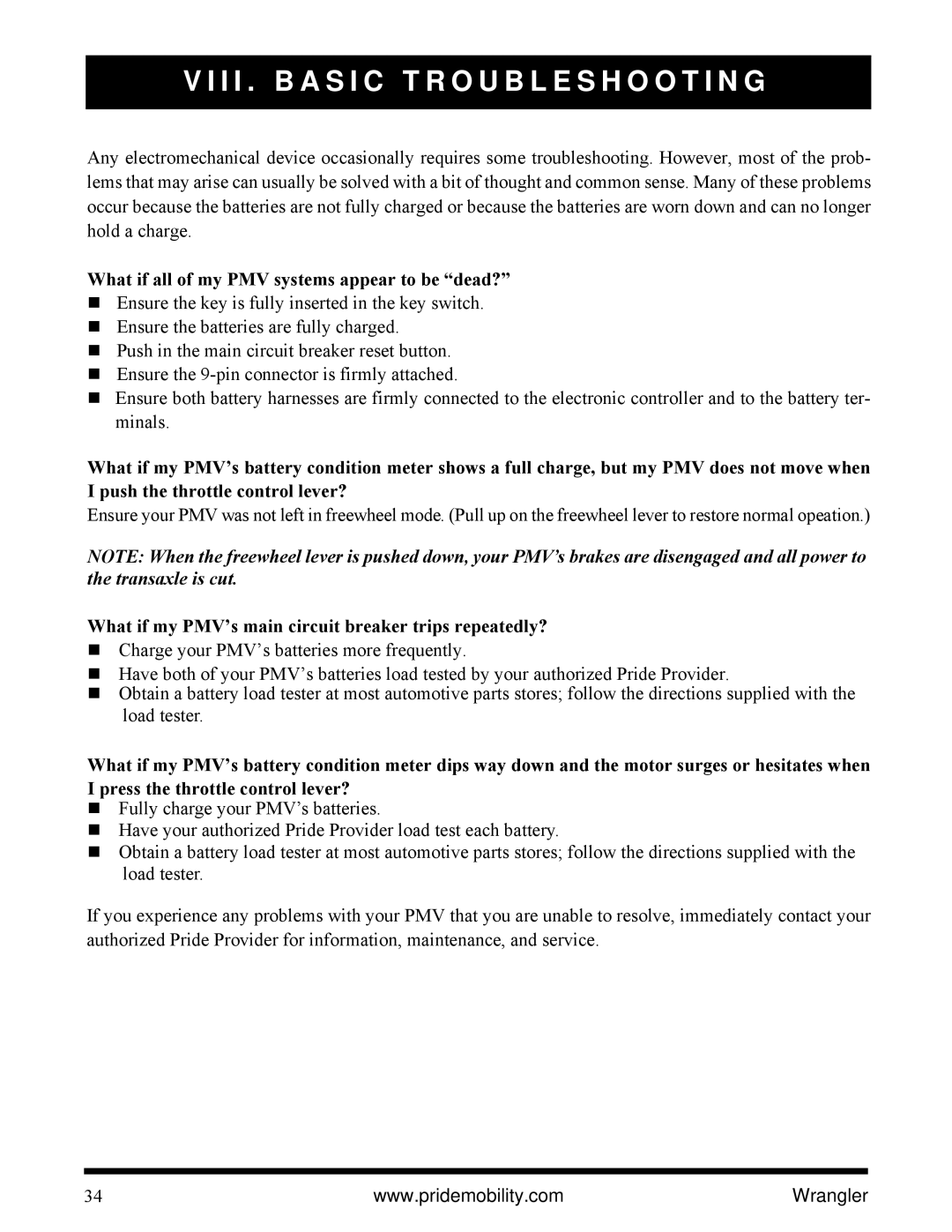 Pride Mobility I NFMANU1138 manual I I . B a S I C Troubleshooting, What if my PMV’s main circuit breaker trips repeatedly? 